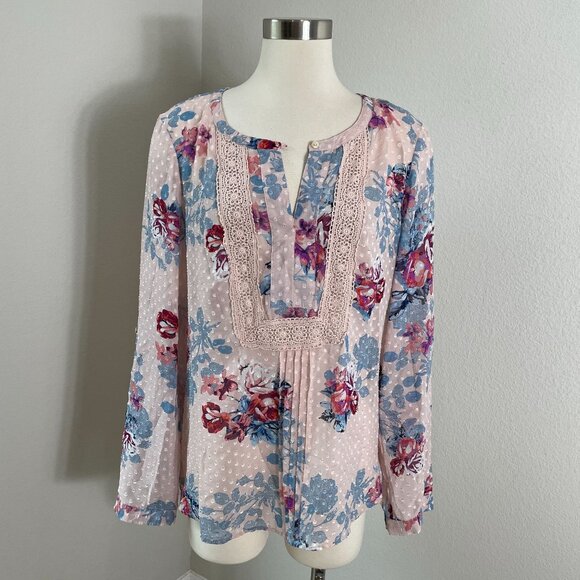 Daniel Rainn Womens XL Floral Crochet Trim Blouse Sheer Boho Shirt Top - Picture 1 of 11